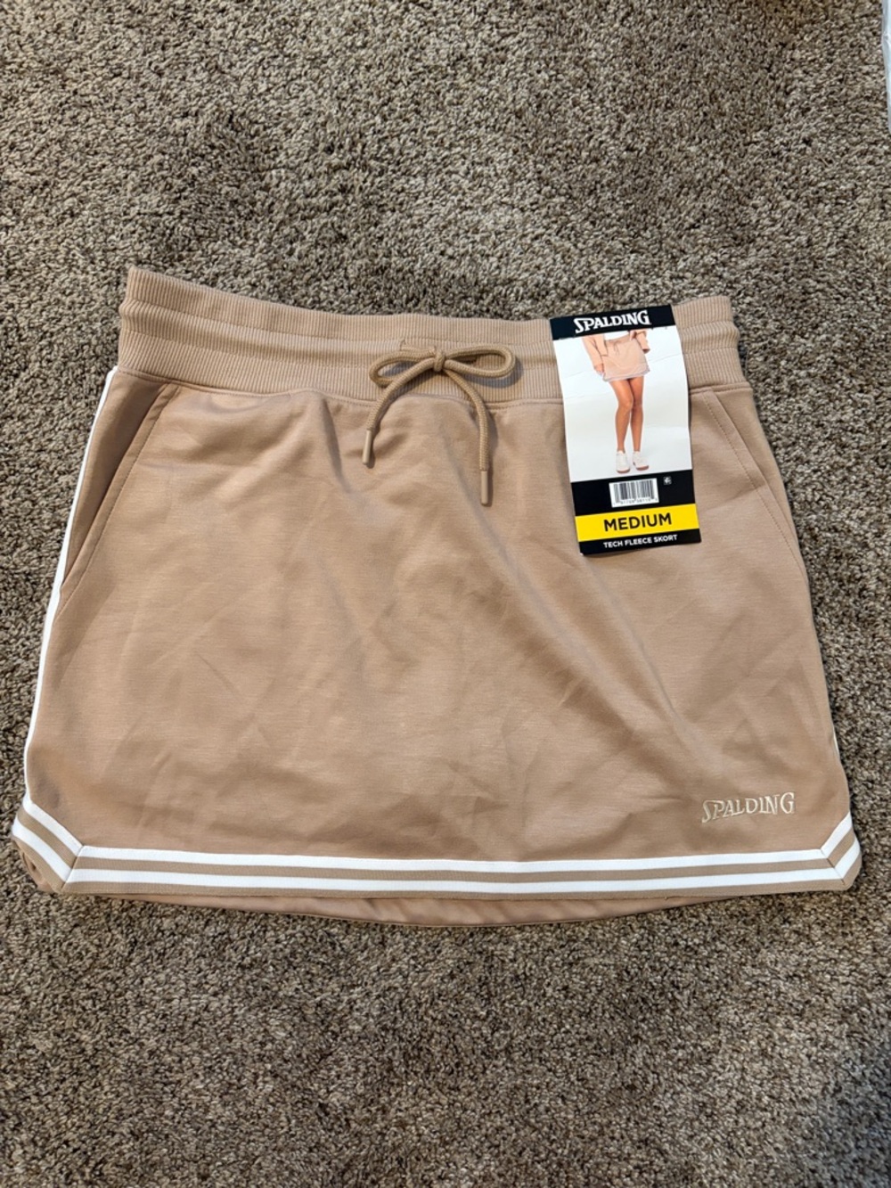 Spalding Women's Tan Athletic Drawstring Mini Skirt with White Stripes - Picture 1 of 5